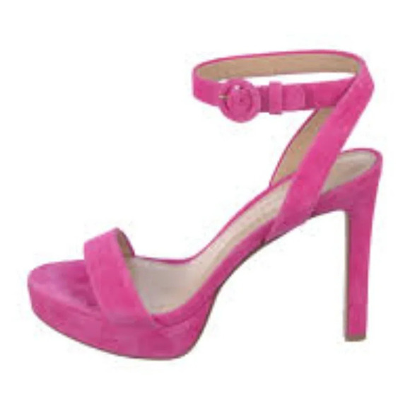 GUC Veronica Beard Darcelle Pink Suede Ankle Strap Open Toe Platform Heels 7 - Picture 1 of 9